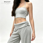 Ribbed Knit Fold Over Waist Flare Leg Pants