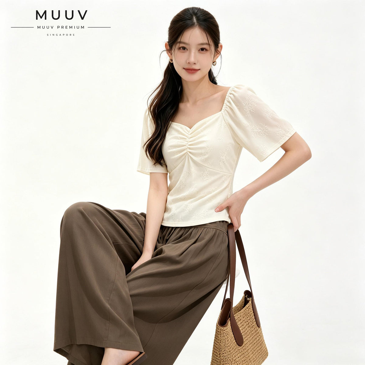Jacquard Sweetheart Neckline Flutter Sleeve Blouse