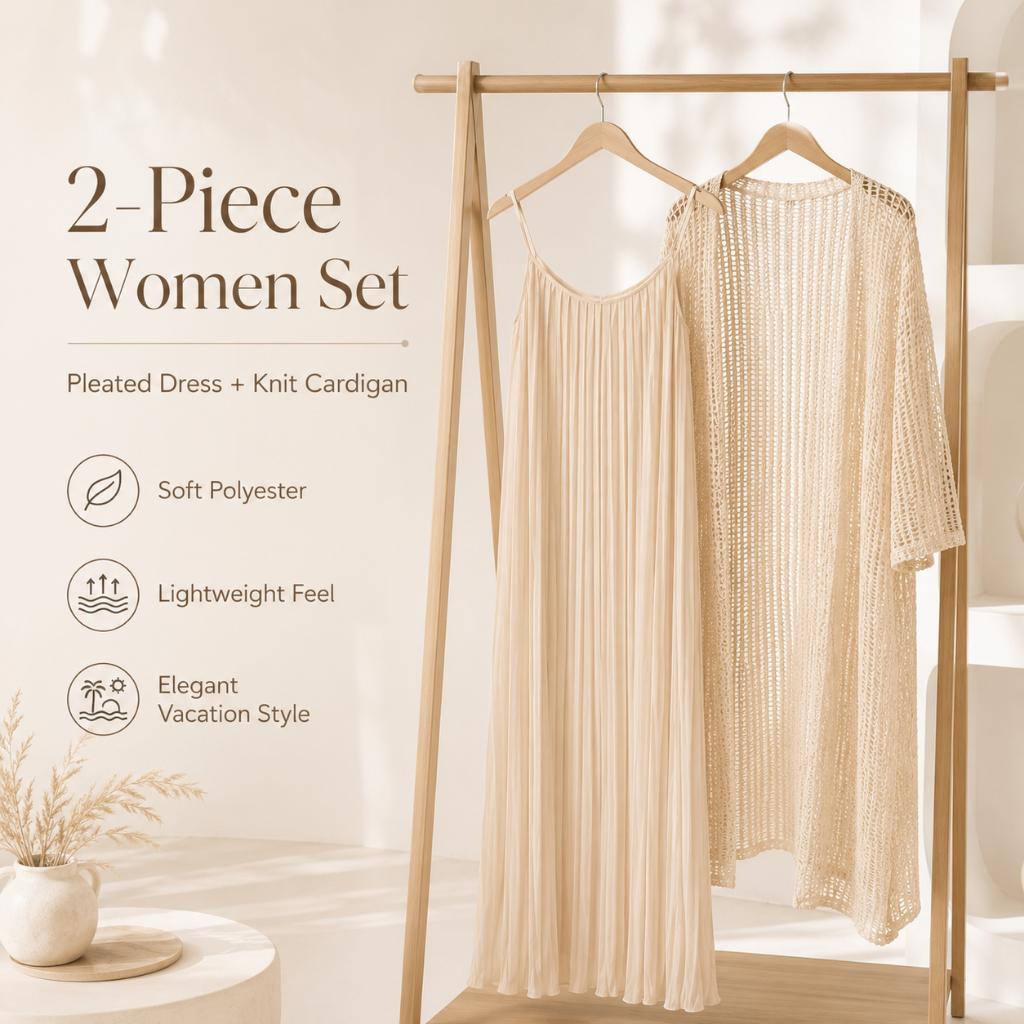 Two Piece Outfit White Hollow Tassel Sleeveless Striped Midi Dress Set