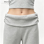 Ribbed Knit Fold Over Waist Flare Leg Pants