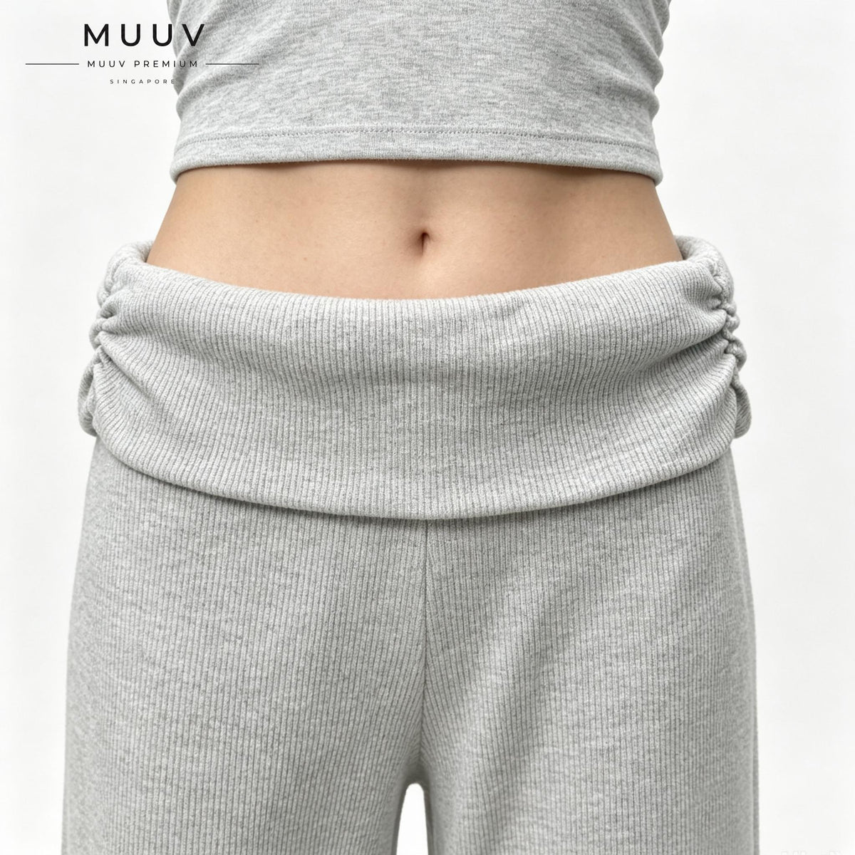 Ribbed Knit Fold Over Waist Flare Leg Pants