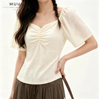 Jacquard Sweetheart Neckline Flutter Sleeve Blouse