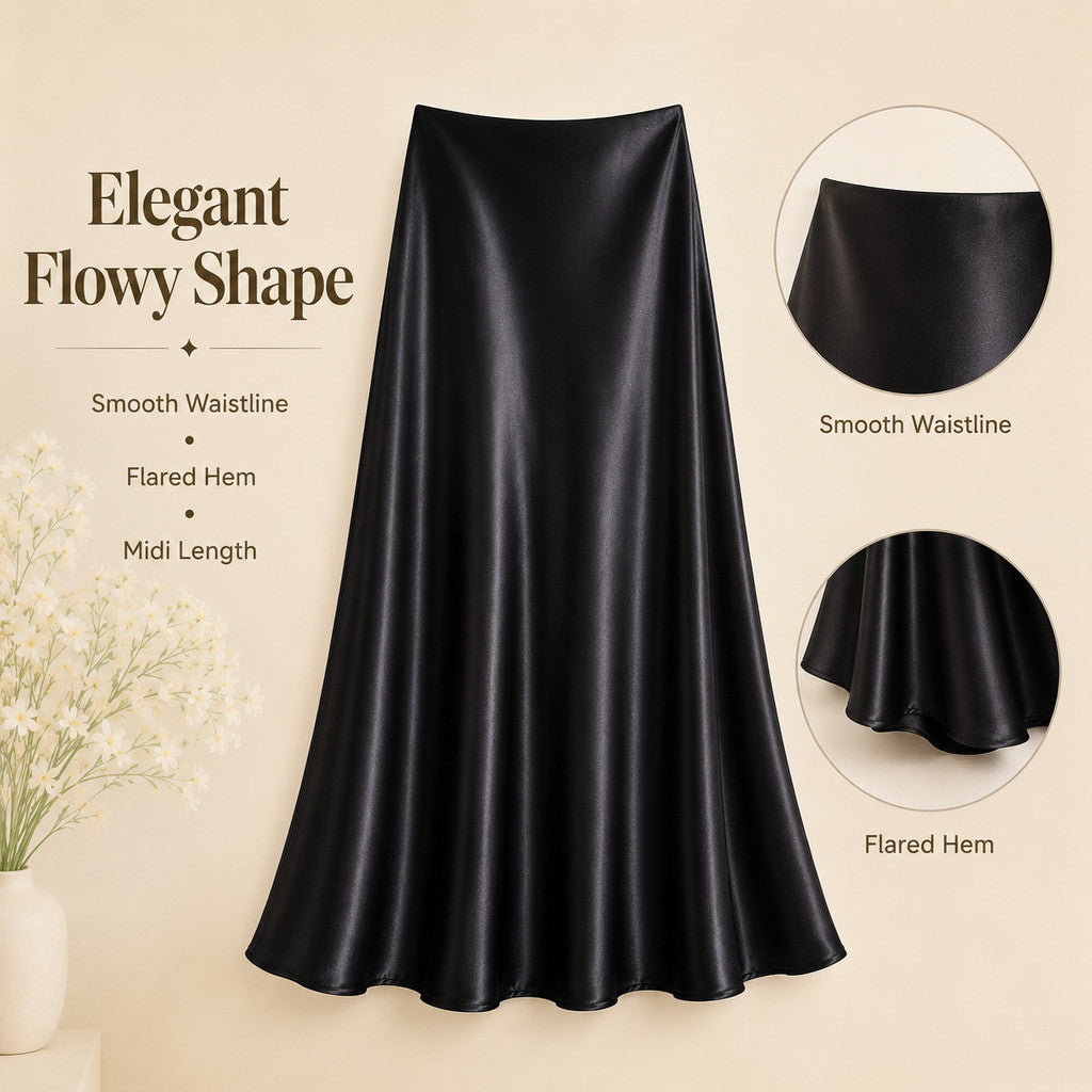 Women's High-Waist Satin A-Line Midi Skirt