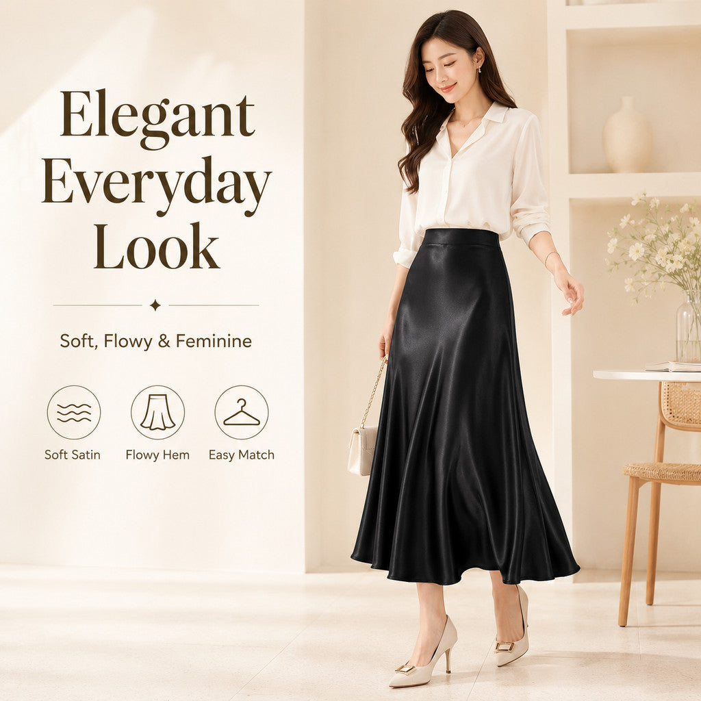 Women's High-Waist Satin A-Line Midi Skirt