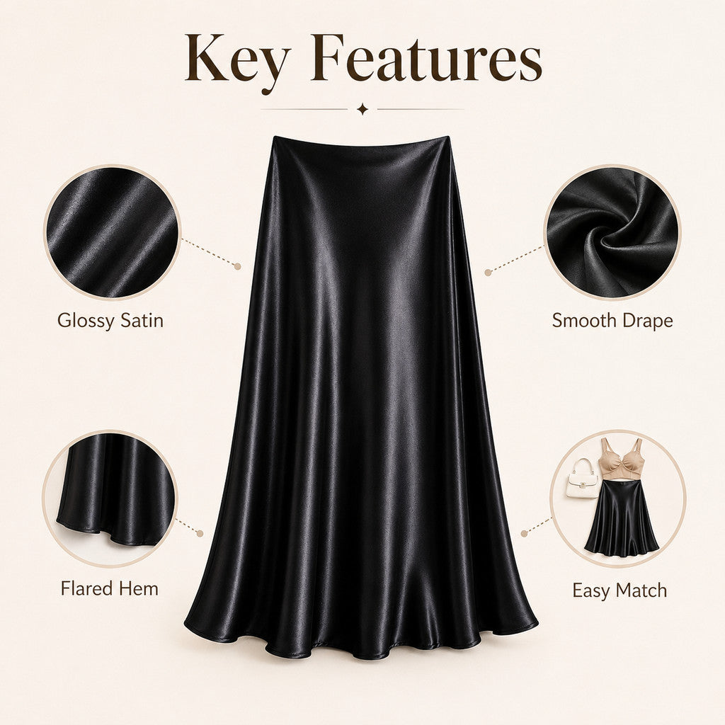 Women's High-Waist Satin A-Line Midi Skirt