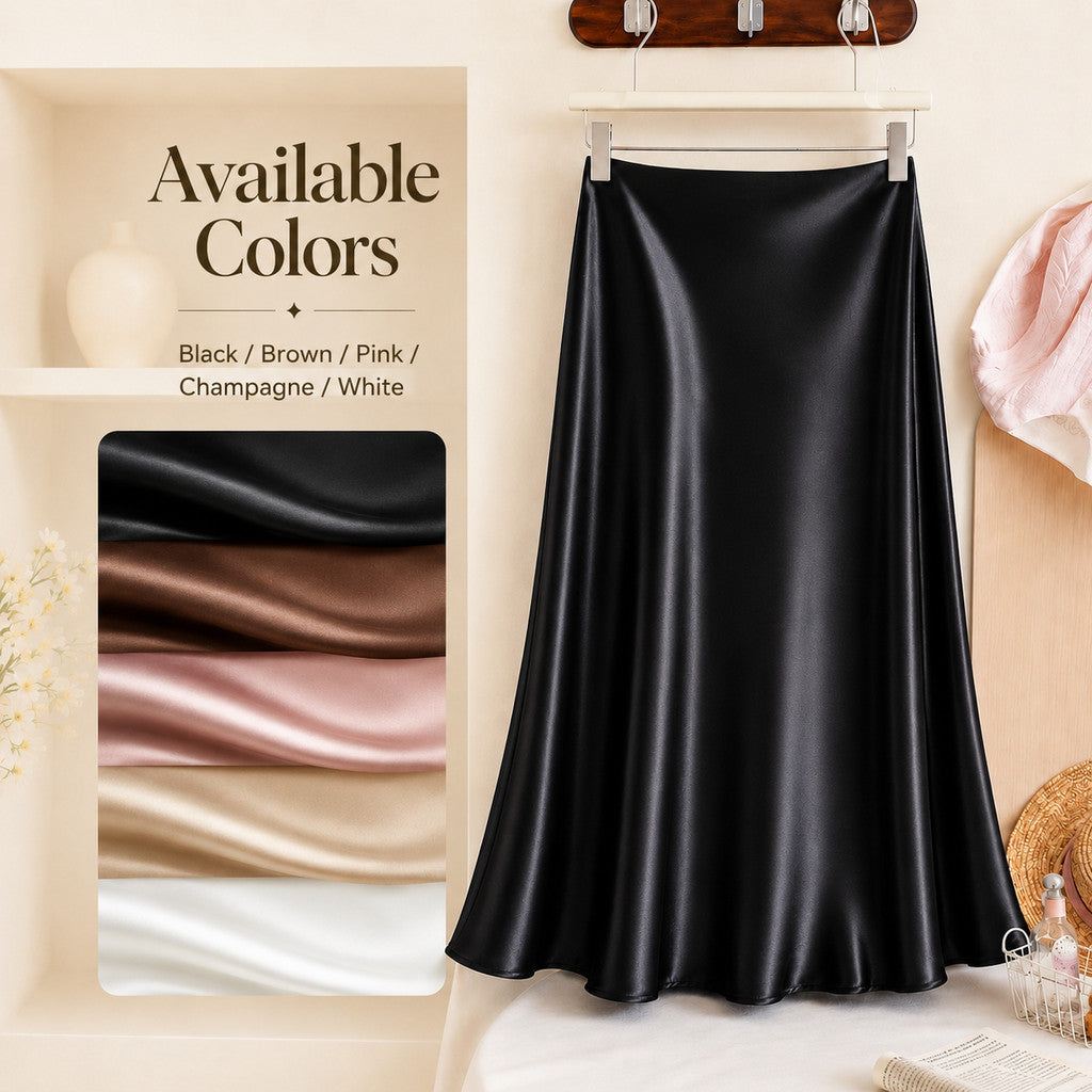 Women's High-Waist Satin A-Line Midi Skirt