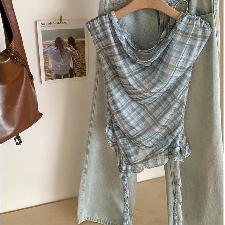 Women's One-Shoulder Plaid Blouse
