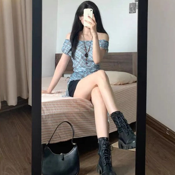 Women's One-Shoulder Plaid Blouse
