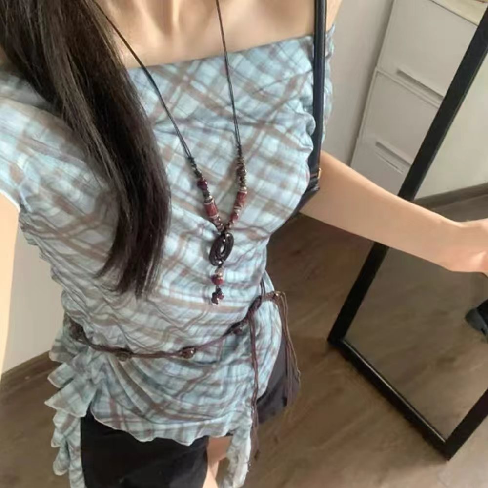 Women's One-Shoulder Plaid Blouse