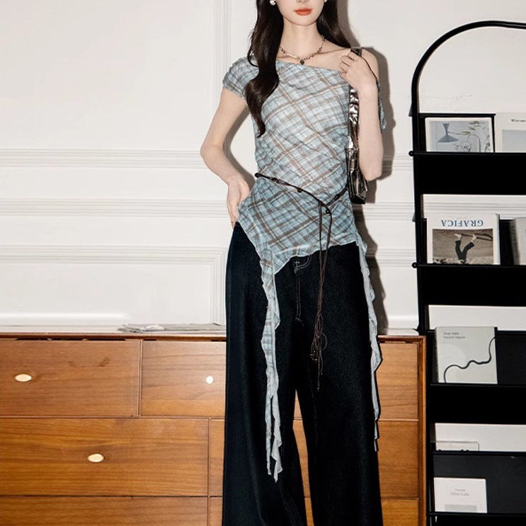 Women's One-Shoulder Plaid Blouse