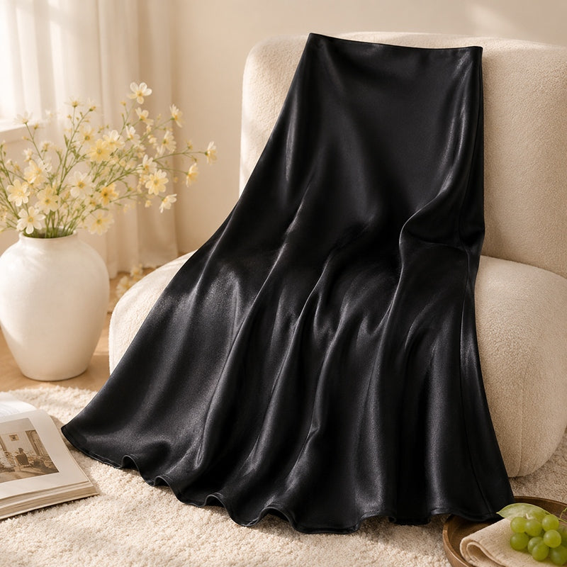 Women's High-Waist Satin A-Line Midi Skirt
