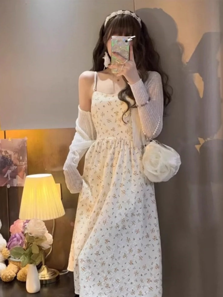 Women Summer French Yellow Sweet Floral Sunny Floral Midi Dress