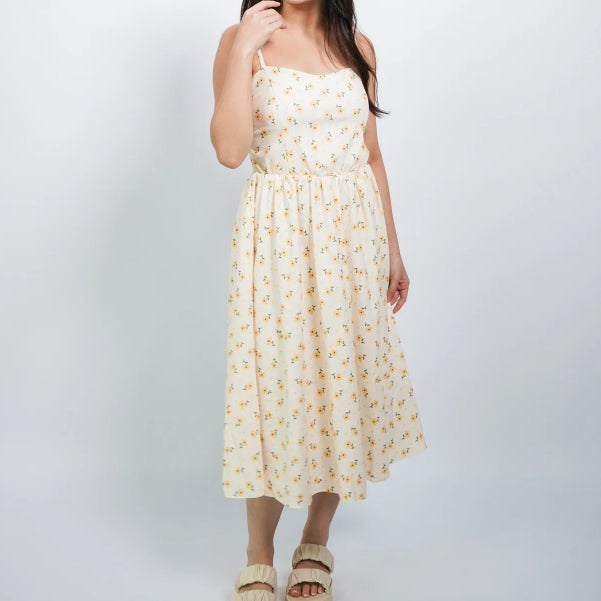 Women Summer French Yellow Sweet Floral Sunny Floral Midi Dress