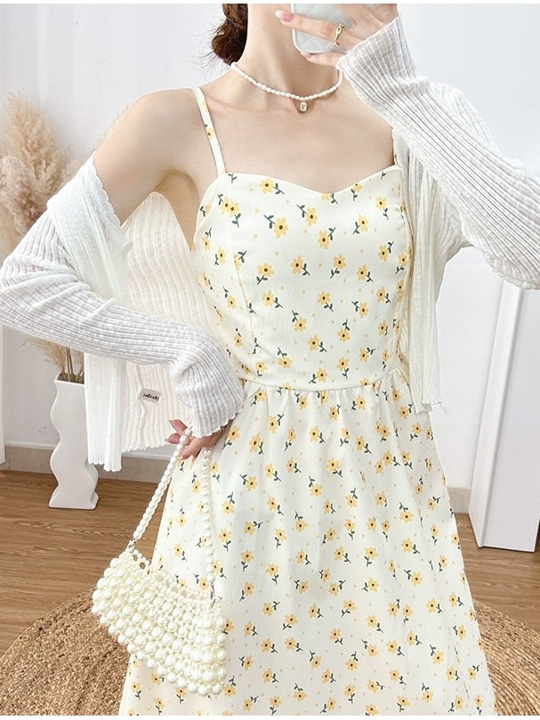 Women Summer French Yellow Sweet Floral Sunny Floral Midi Dress