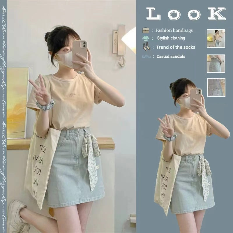 Muuv-It Women Denim Mini Skirt Vintage Floral Embroidery High Waist Korean Style Female Stylish Holiday Lovely Skirt