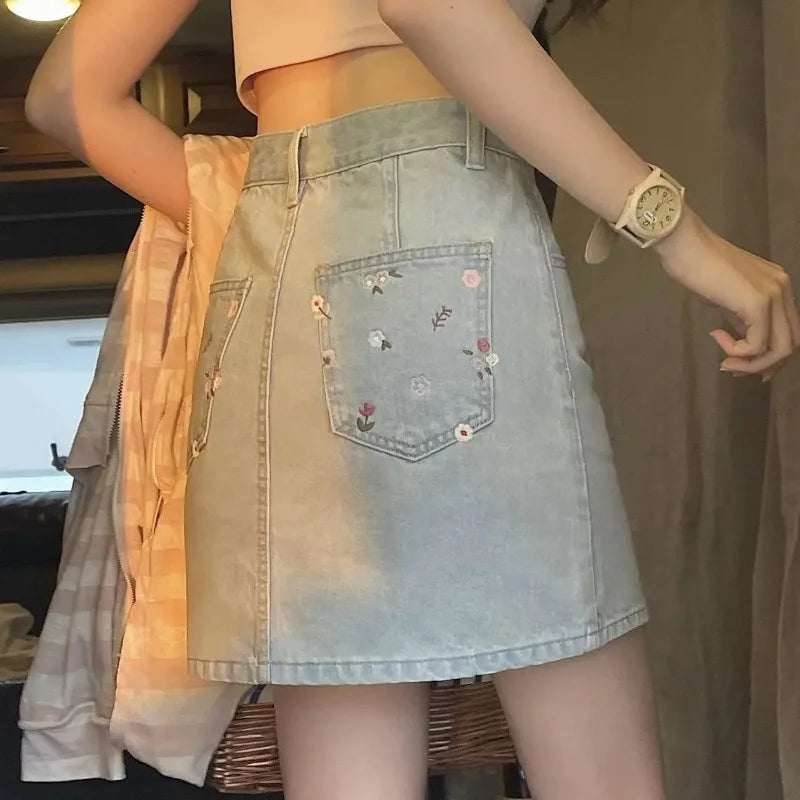 Muuv-It Women Denim Mini Skirt Vintage Floral Embroidery High Waist Korean Style Female Stylish Holiday Lovely Skirt