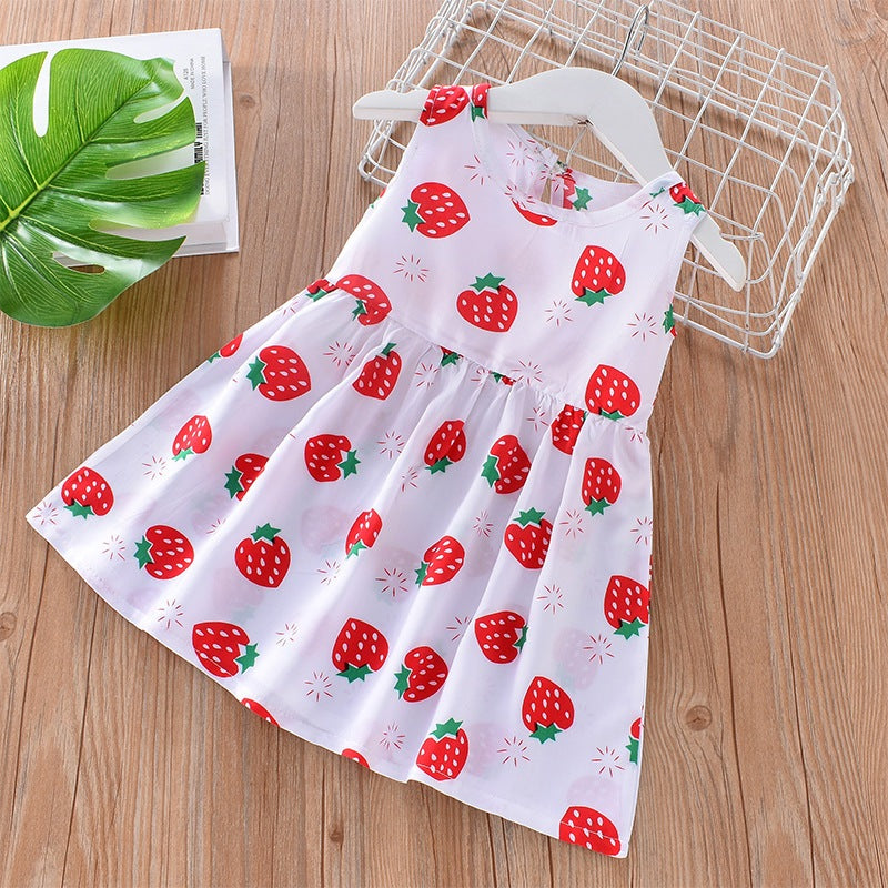 Sleeveless Strawberries Print Baby Dress