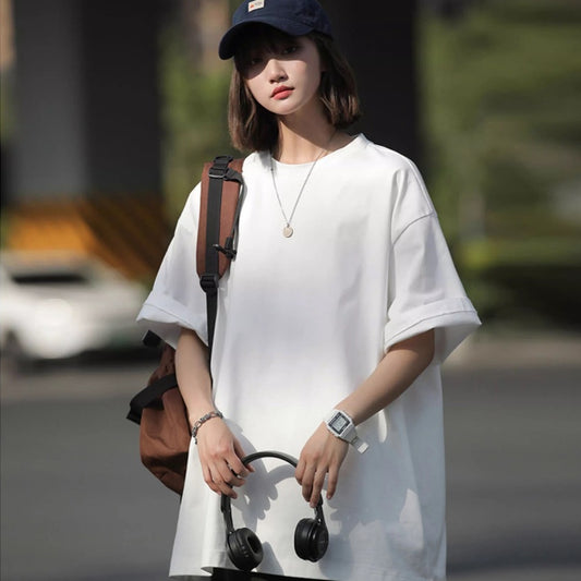 Muuv-It Unisex Oversized Stretch Cotton Crew Neck T-Shirt Women Oversize Solid Color Long Sleeve Shirt