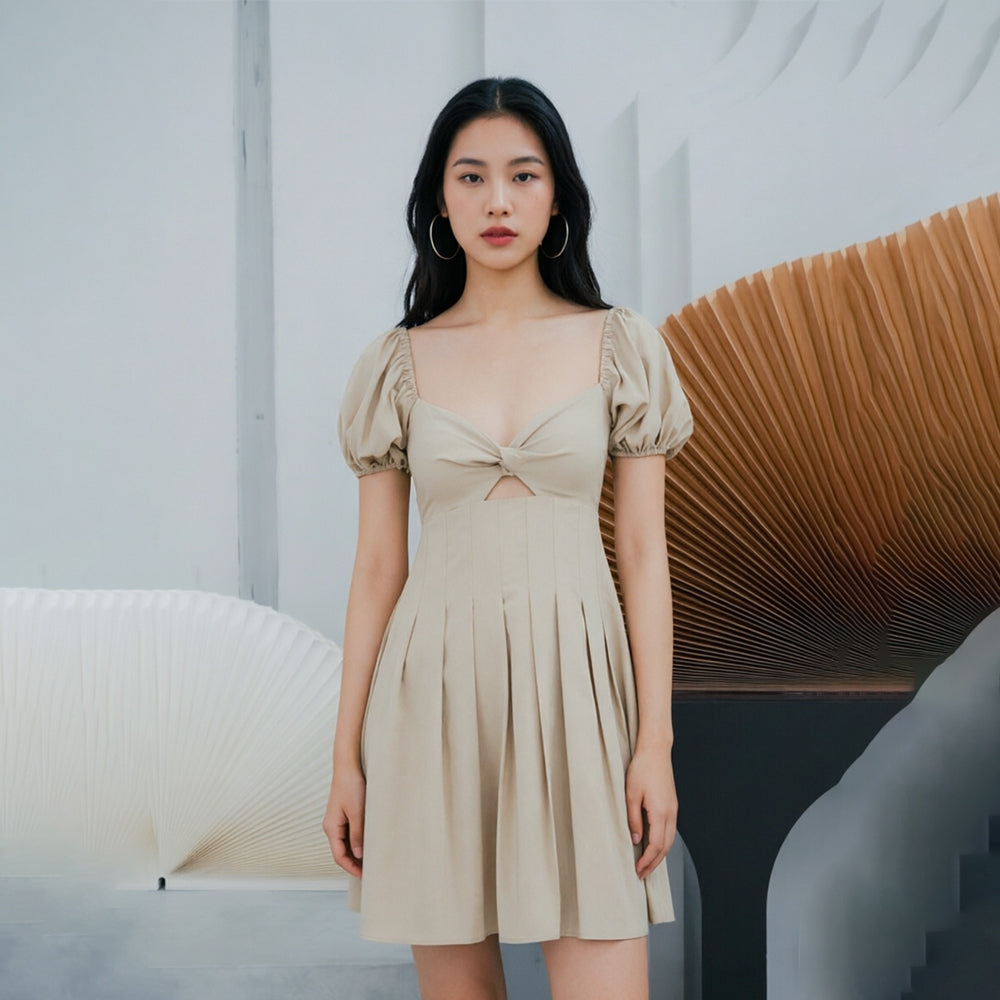 Women's Pleated Puff-sleeve Dress