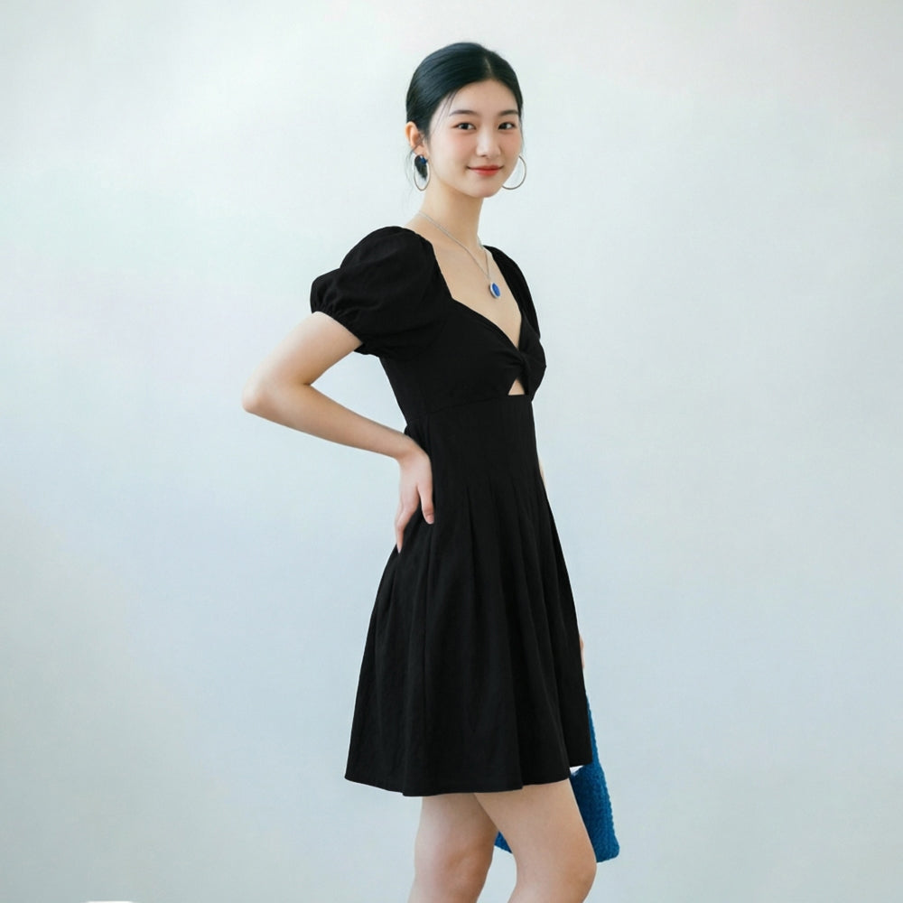 Women's Pleated Puff-sleeve Dress