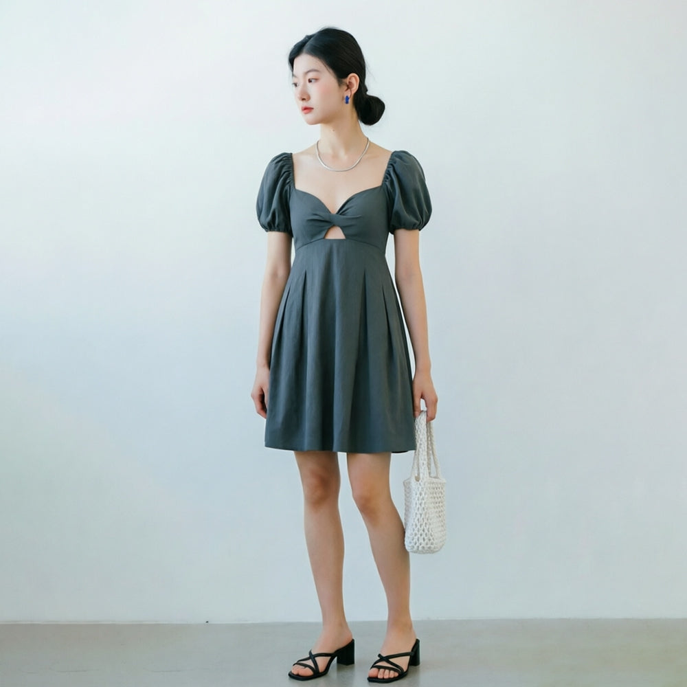 Women's Pleated Puff-sleeve Dress