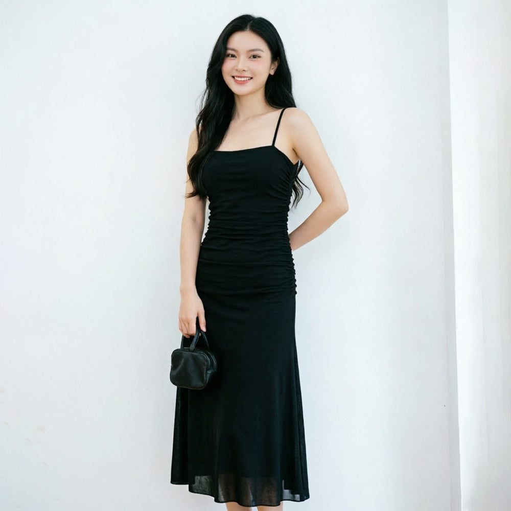 Women's Ruched Mesh Maxi Dress