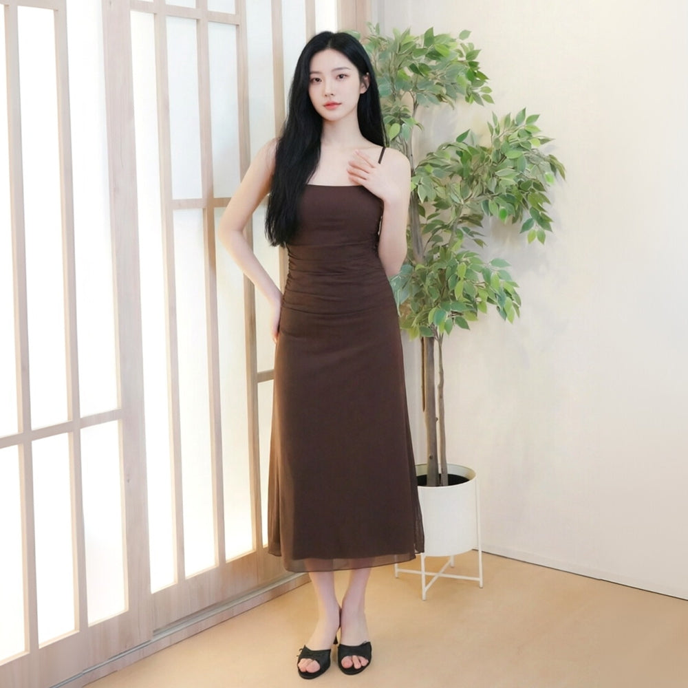 Women's Ruched Mesh Maxi Dress