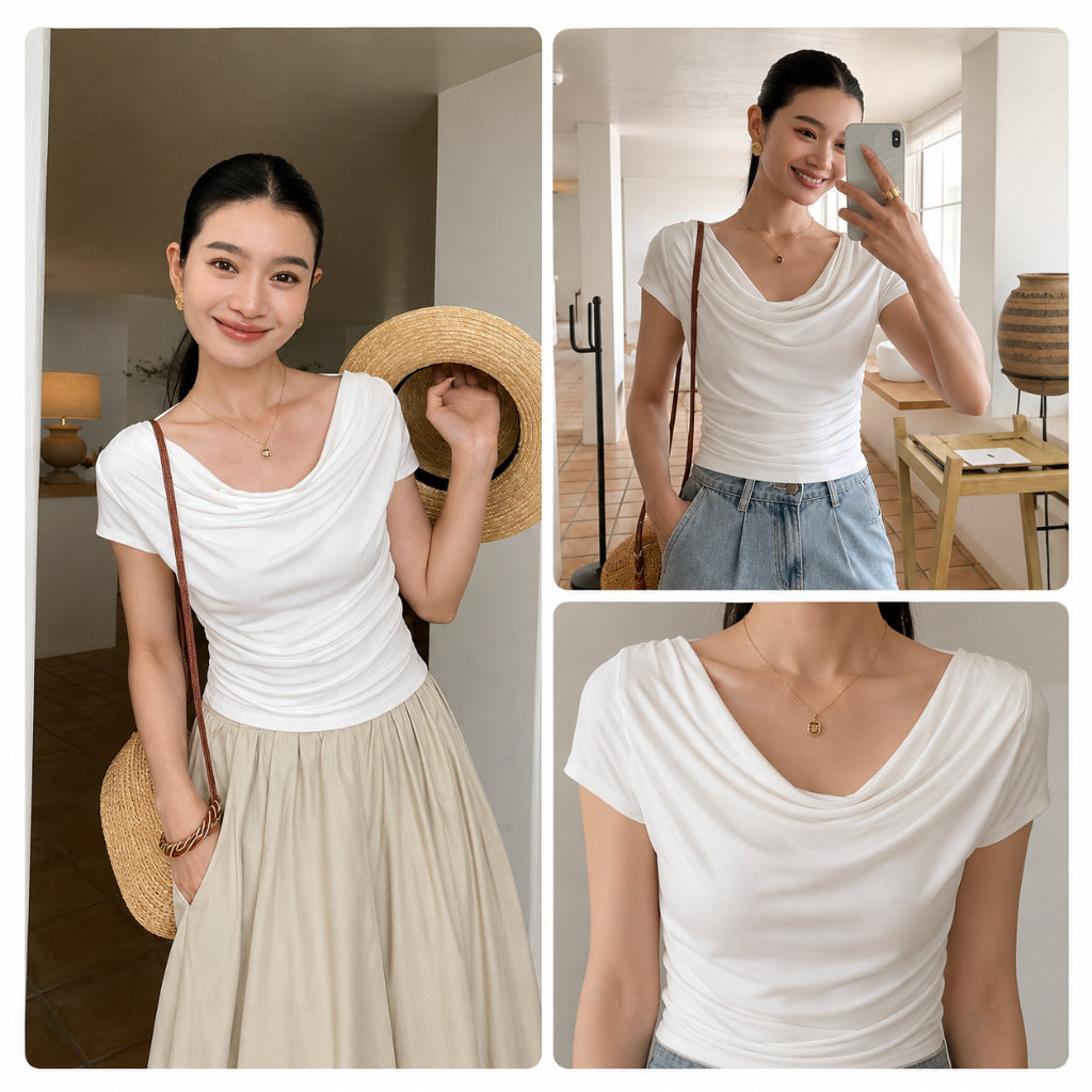 Women's Draped Cowl-Neck Short-Sleeve T-Shirt