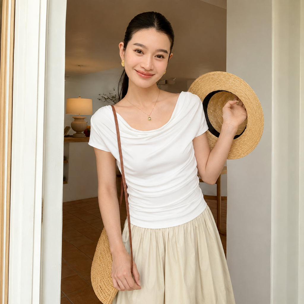Women's Draped Cowl-Neck Short-Sleeve T-Shirt