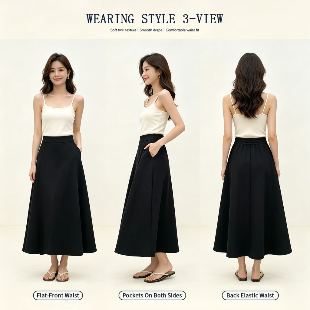 Women's Elastic-Waist A-Line Maxi Skirt with Pockets