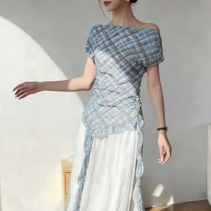 Women's One-Shoulder Plaid Blouse