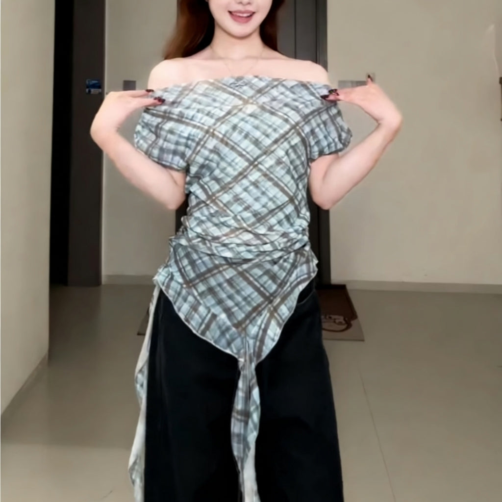 Women's One-Shoulder Plaid Blouse