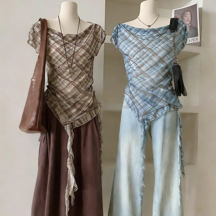 Women's One-Shoulder Plaid Blouse