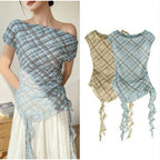 Women's One-Shoulder Plaid Blouse